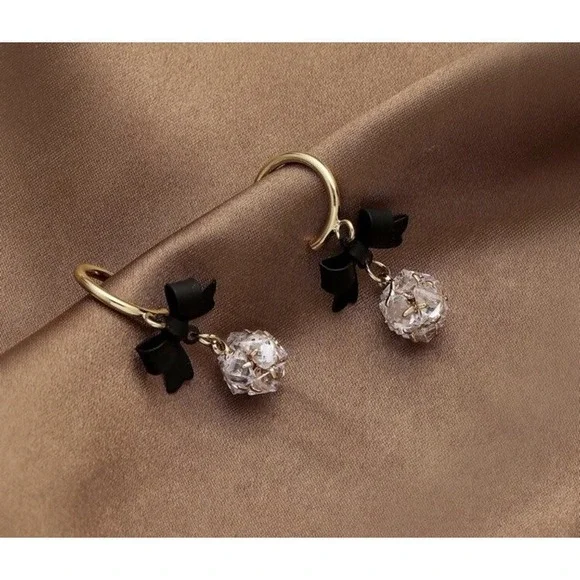 Black Bow Clear CZ Crystal Ball Dangle Hoop Earrings Gold Accent Fine Jewelry - Picture 4 of 4